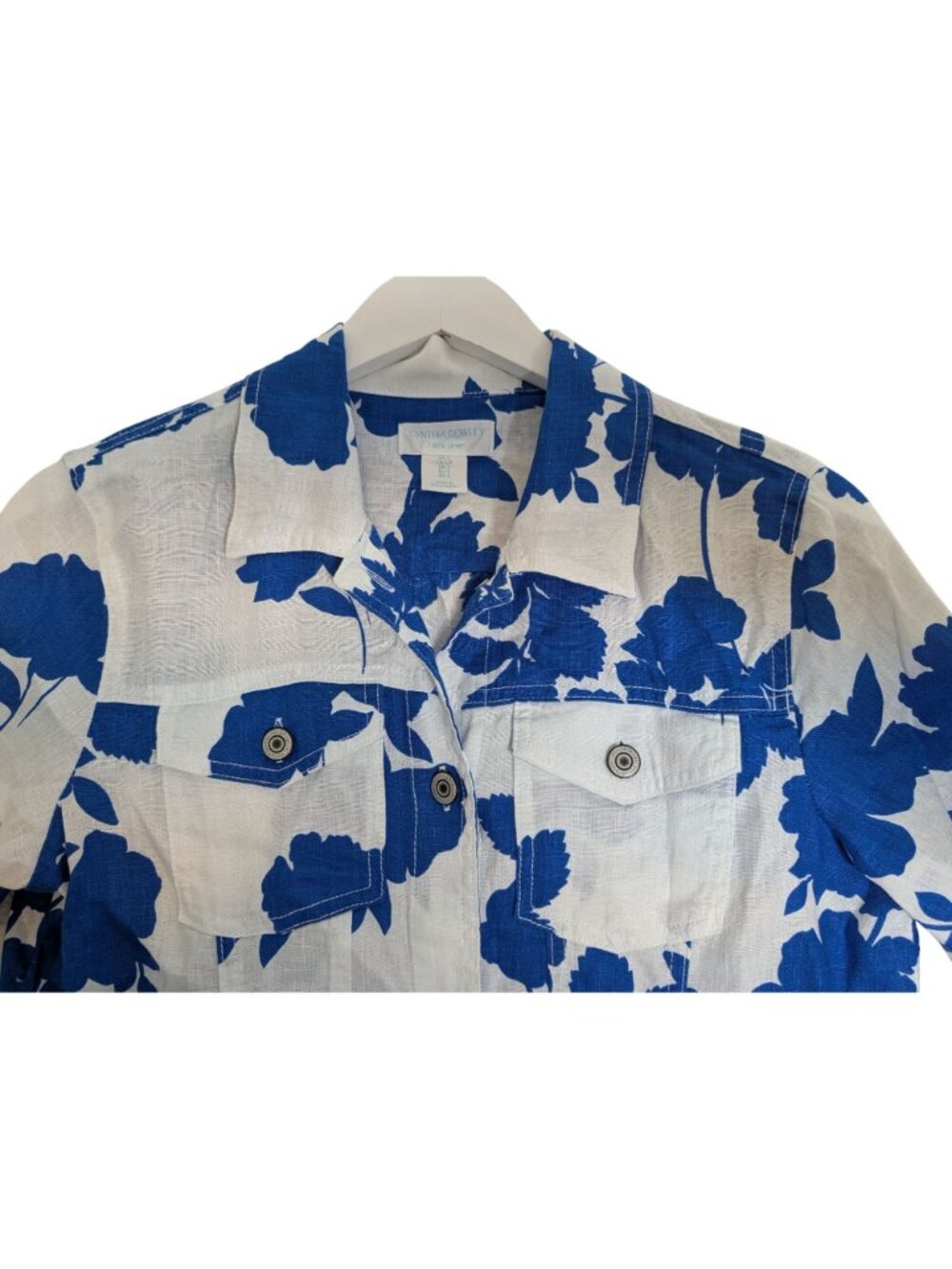 Cynthia Rowley 100% Linen Blue & White Floral Jacket Size S With Button Front & - Picture 5 of 10